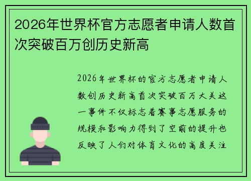 2026年世界杯官方志愿者申请人数首次突破百万创历史新高