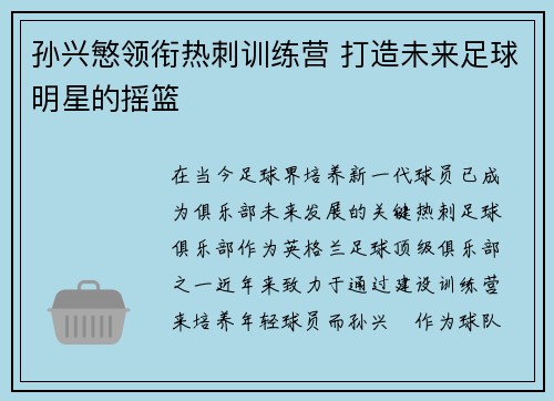 孙兴慜领衔热刺训练营 打造未来足球明星的摇篮