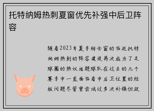 托特纳姆热刺夏窗优先补强中后卫阵容 托特纳姆热刺夏窗优先补强中后卫阵容
