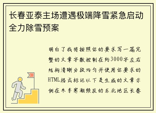 长春亚泰主场遭遇极端降雪紧急启动全力除雪预案