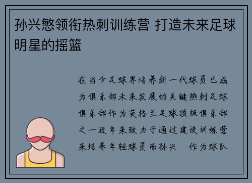 孙兴慜领衔热刺训练营 打造未来足球明星的摇篮